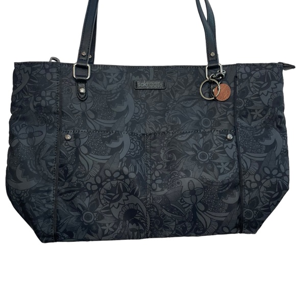 SAKROOTS Easy Clean Shoulder Bag With Paisley Design Black & Grey 11" Drop - Picture 2 of 16